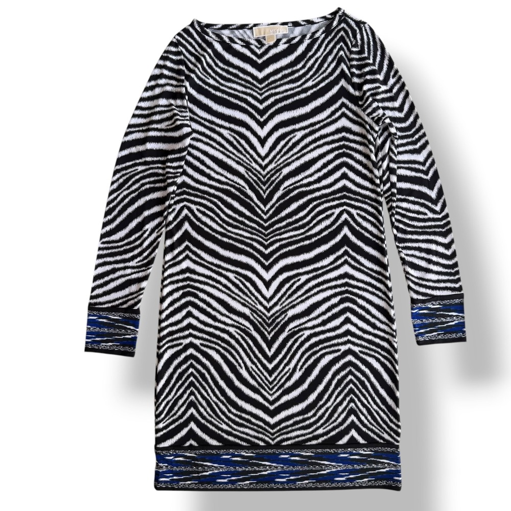 MICHAEL Michael Kors SM. White Black Blue Zebra Print Boat Neck Knit Shift Dress